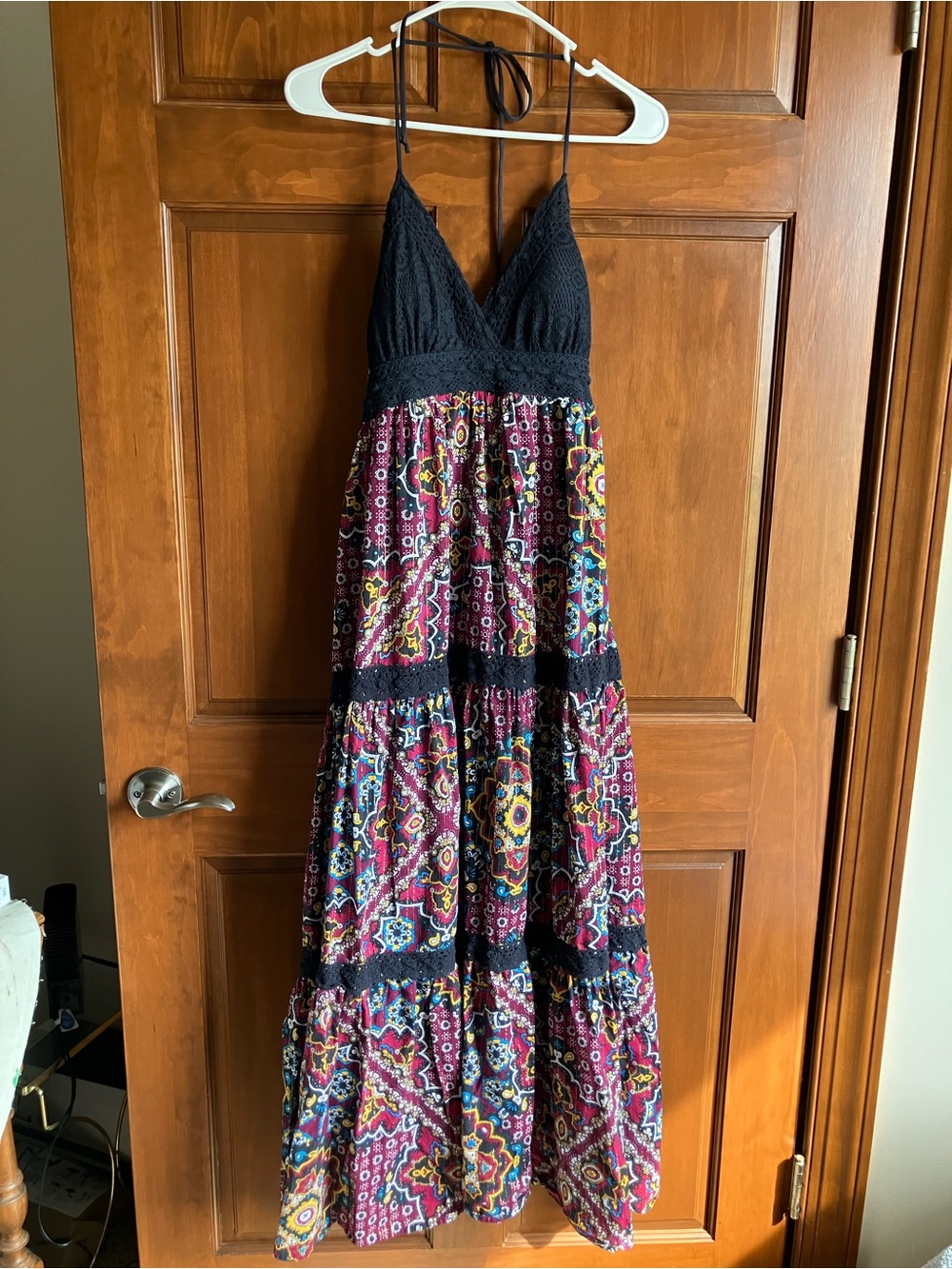 Candie's Black Bodice Maxi Dress with Burgundy Multicolor & Multiprint Skirt